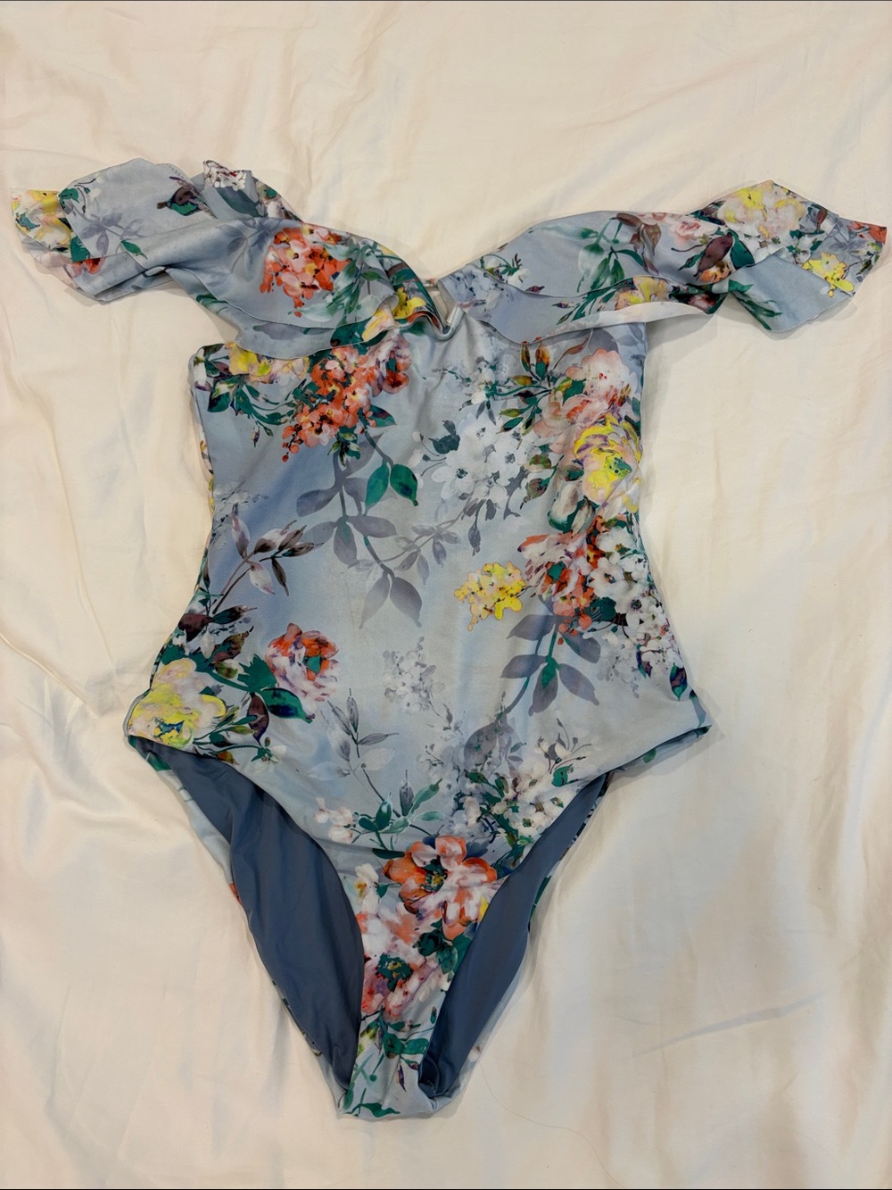 Nordstrom Light Blue Floral Off-Shoulder One-Piece Swimsuit